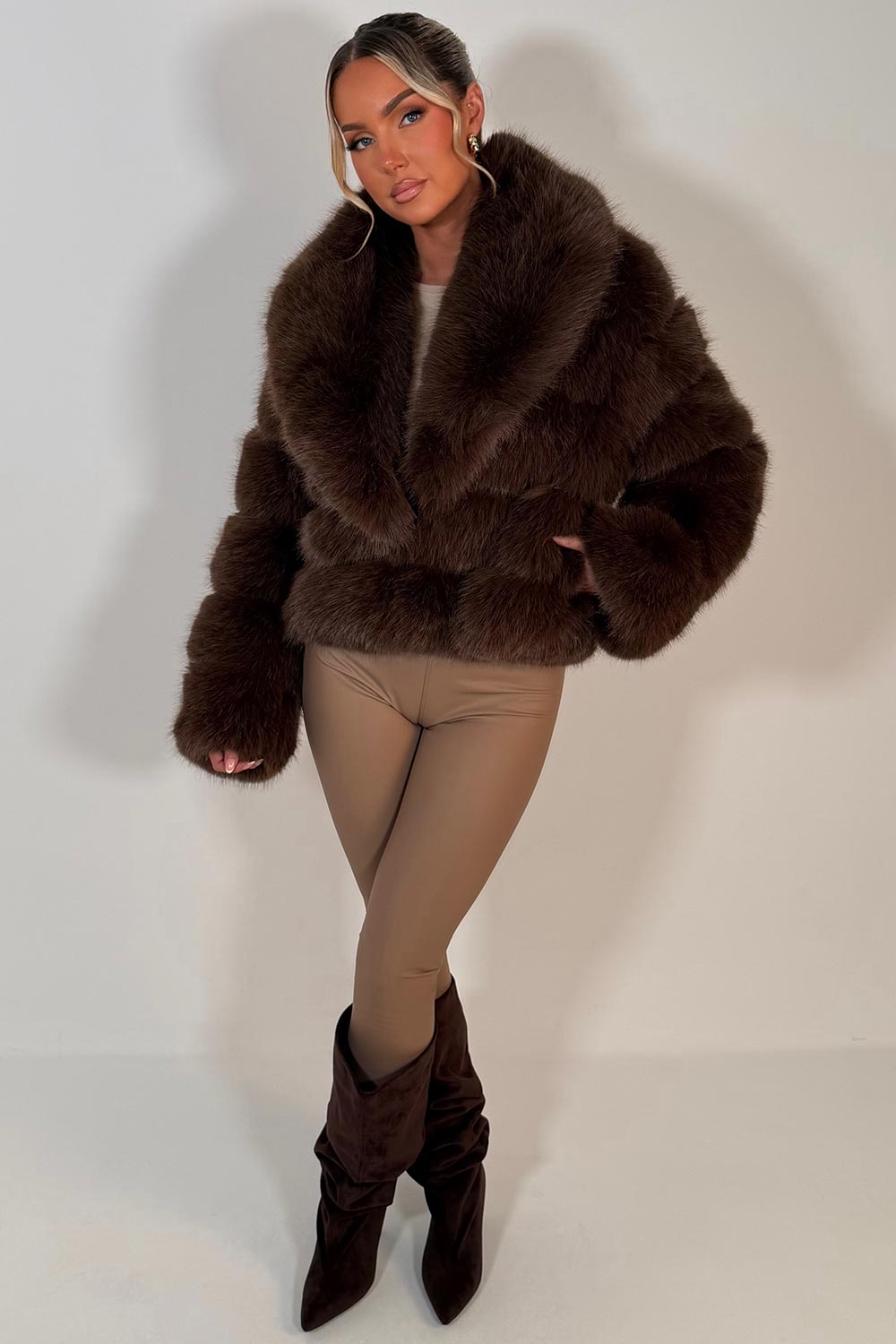 Faux Fur Coat With Collar Brown