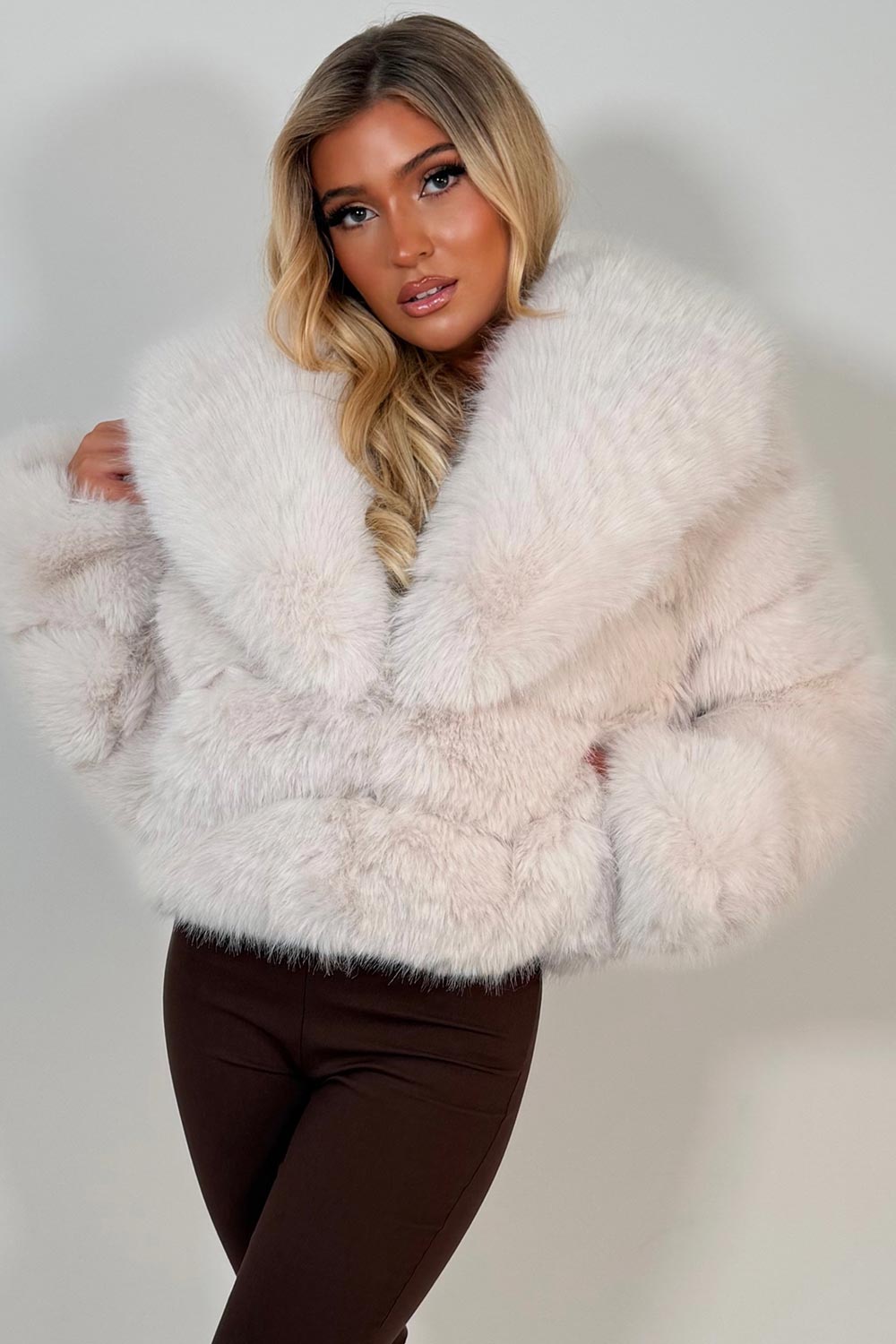 Beige Faux Fur Coat With Collar