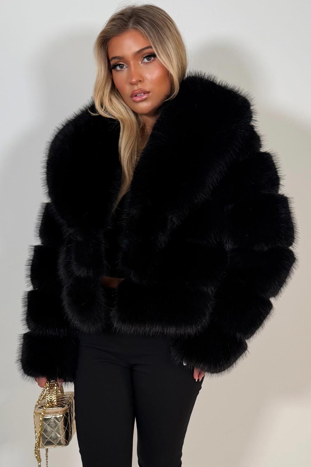 Black Faux Fur Coat With Collar