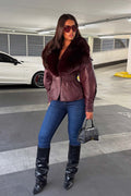 Burgundy Fur Collar Faux Leather Jacket With Cinched Waist