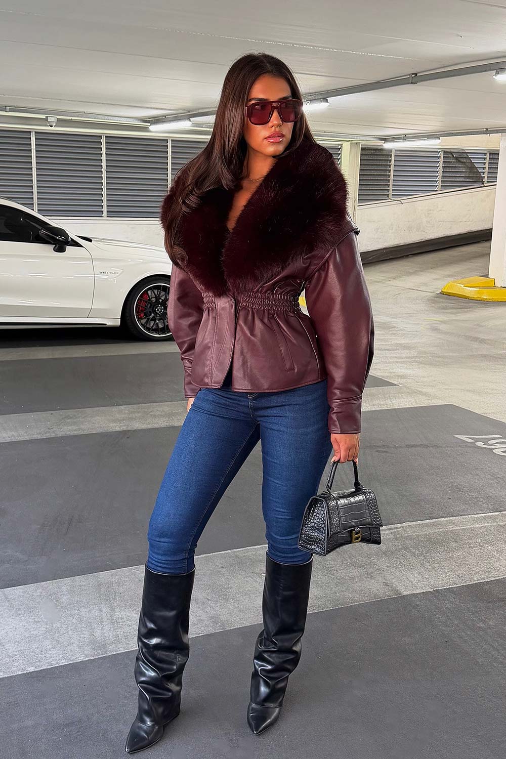 Burgundy Fur Collar Faux Leather Jacket With Cinched Waist