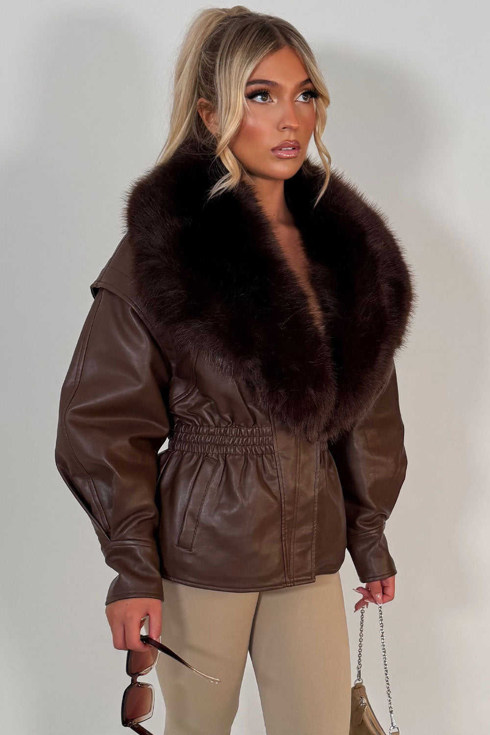 Brown Fur Collar Faux Leather Jacket With Cinched Waist