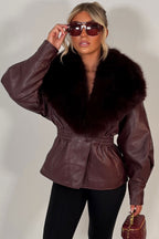 Burgundy Fur Collar Faux Leather Jacket With Cinched Waist