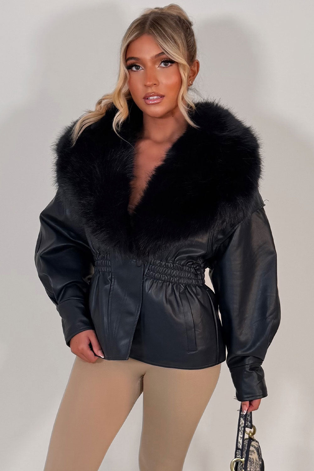 Navy Fur Collar Faux Leather Jacket With Cinched Waist