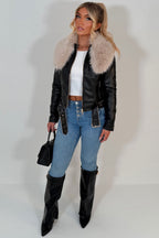Beige Faux Fur Collar Jacket In Black Faux Leather With Belt