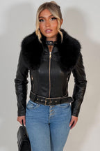 Black Faux Fur Collar Jacket In Faux Leather With Belt