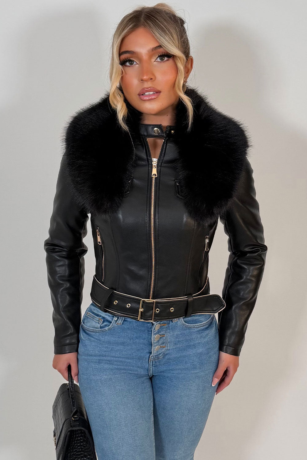 Black Faux Fur Collar Jacket In Faux Leather With Belt
