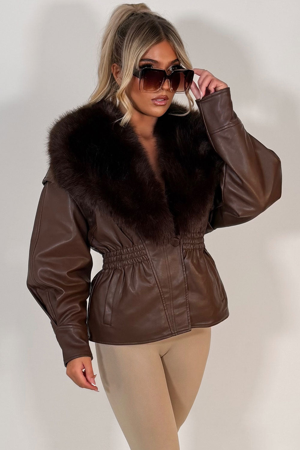 Brown Fur Collar Faux Leather Jacket With Cinched Waist