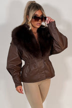 Brown Fur Collar Faux Leather Jacket With Cinched Waist