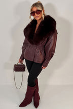 Burgundy Fur Collar Faux Leather Jacket With Cinched Waist
