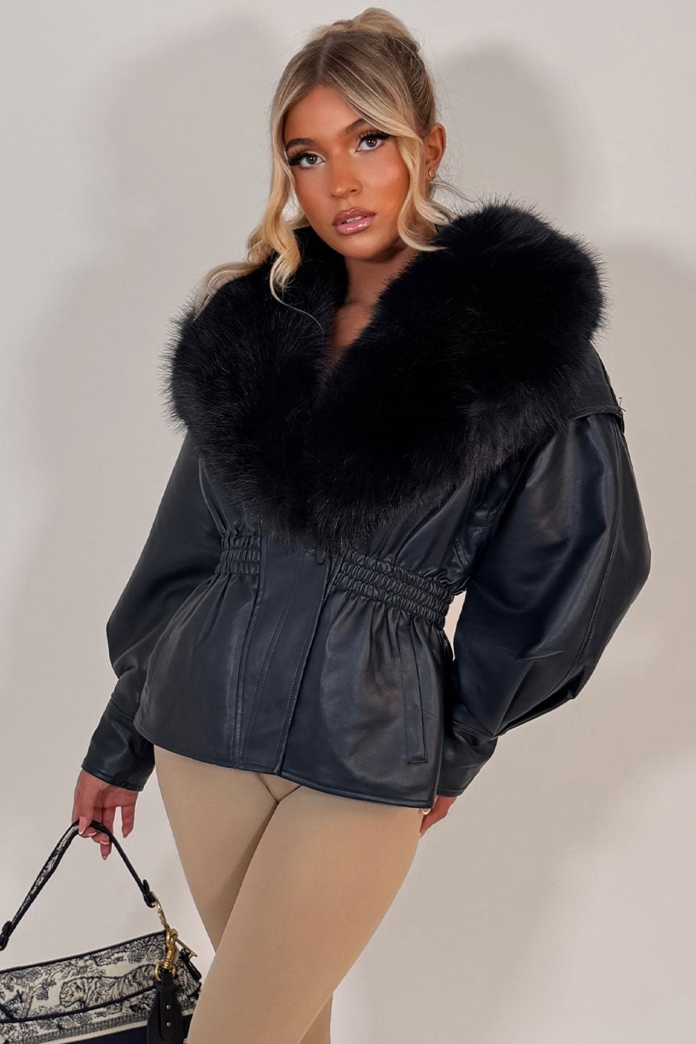 Navy Fur Collar Faux Leather Jacket With Cinched Waist