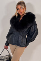Navy Fur Collar Faux Leather Jacket With Cinched Waist