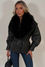 Black Fur Collar Faux Leather Jacket With Cinched Waist