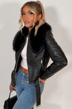 Black Faux Fur Collar Jacket In Faux Leather With Belt