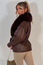 Brown Fur Collar Faux Leather Jacket With Cinched Waist