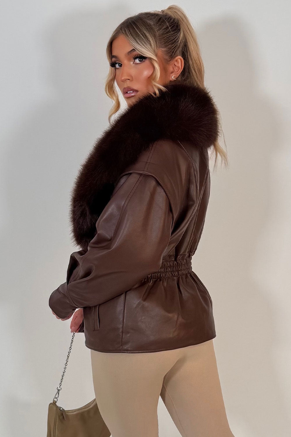 Brown Fur Collar Faux Leather Jacket With Cinched Waist