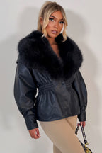 Navy Fur Collar Faux Leather Jacket With Cinched Waist