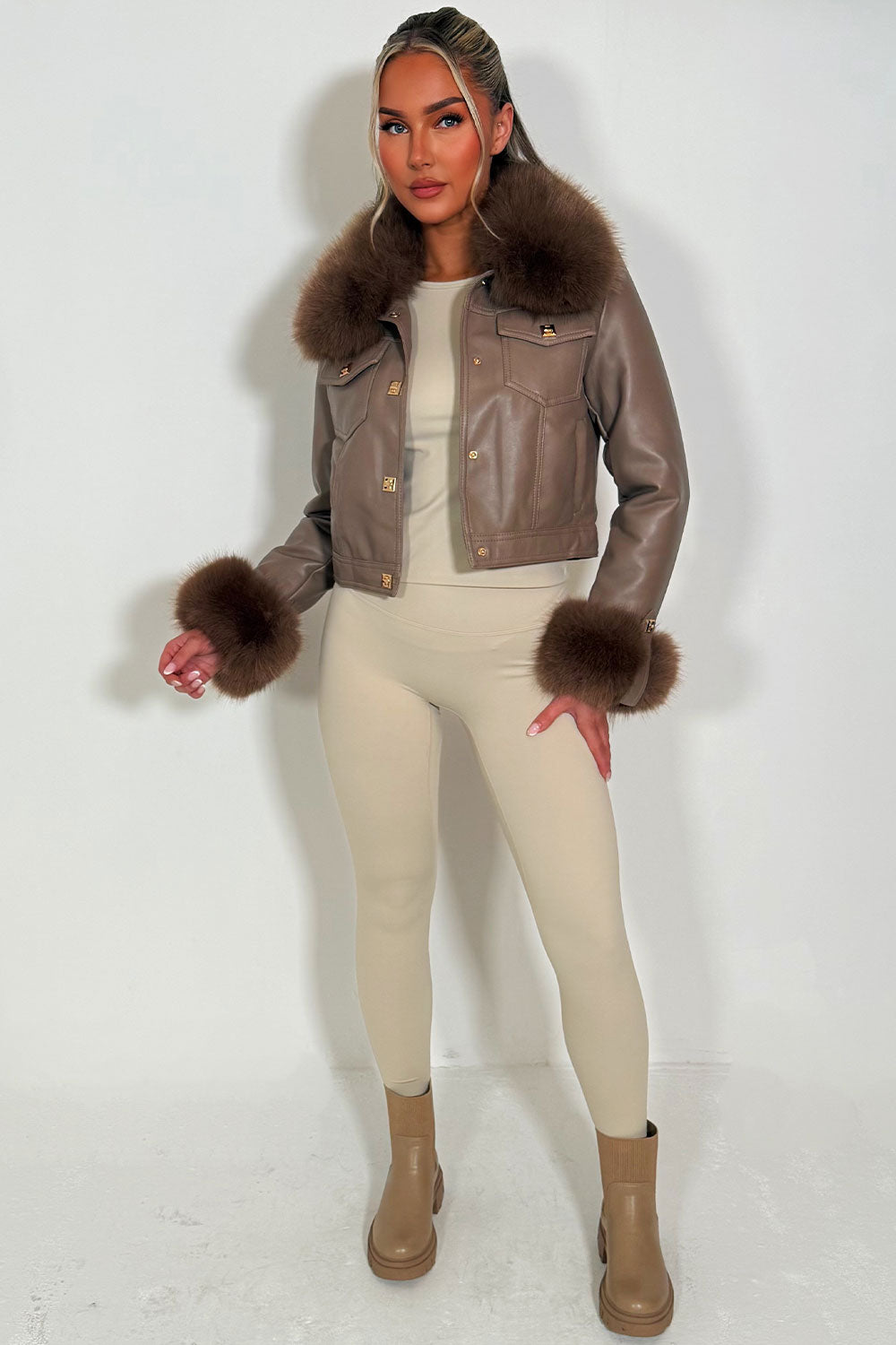 Taupe Faux Fur Faux Leather Bomber Jacket With Gold Button