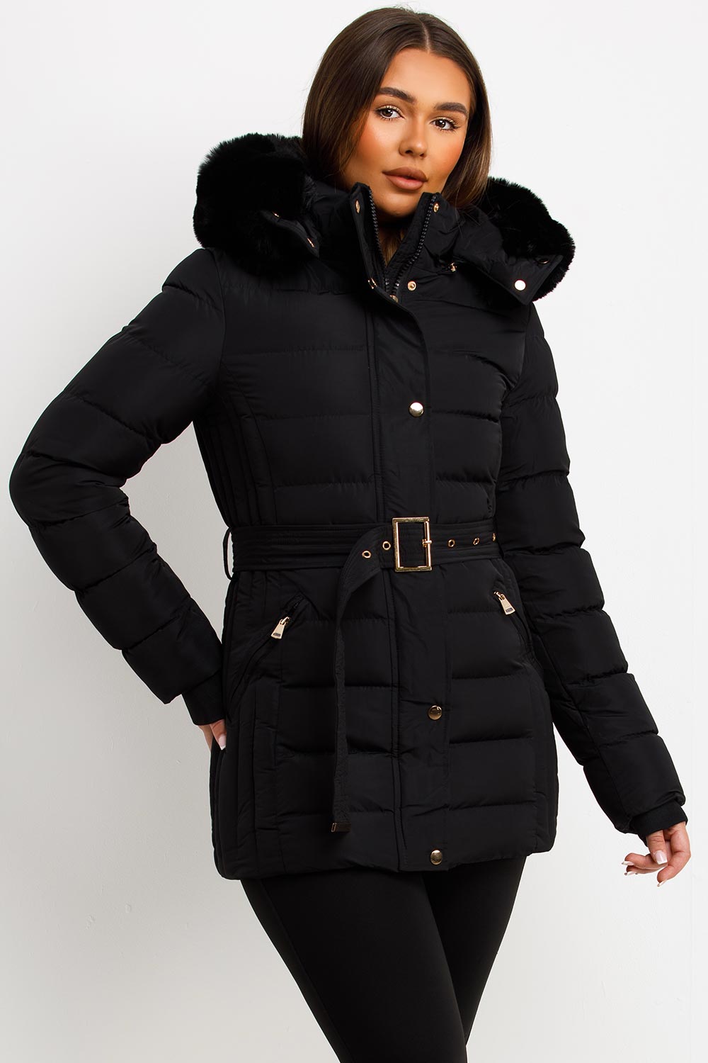 Black Puffer Coat With Faux Fur Hood And Belt