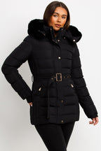 Black Puffer Coat With Faux Fur Hood And Belt