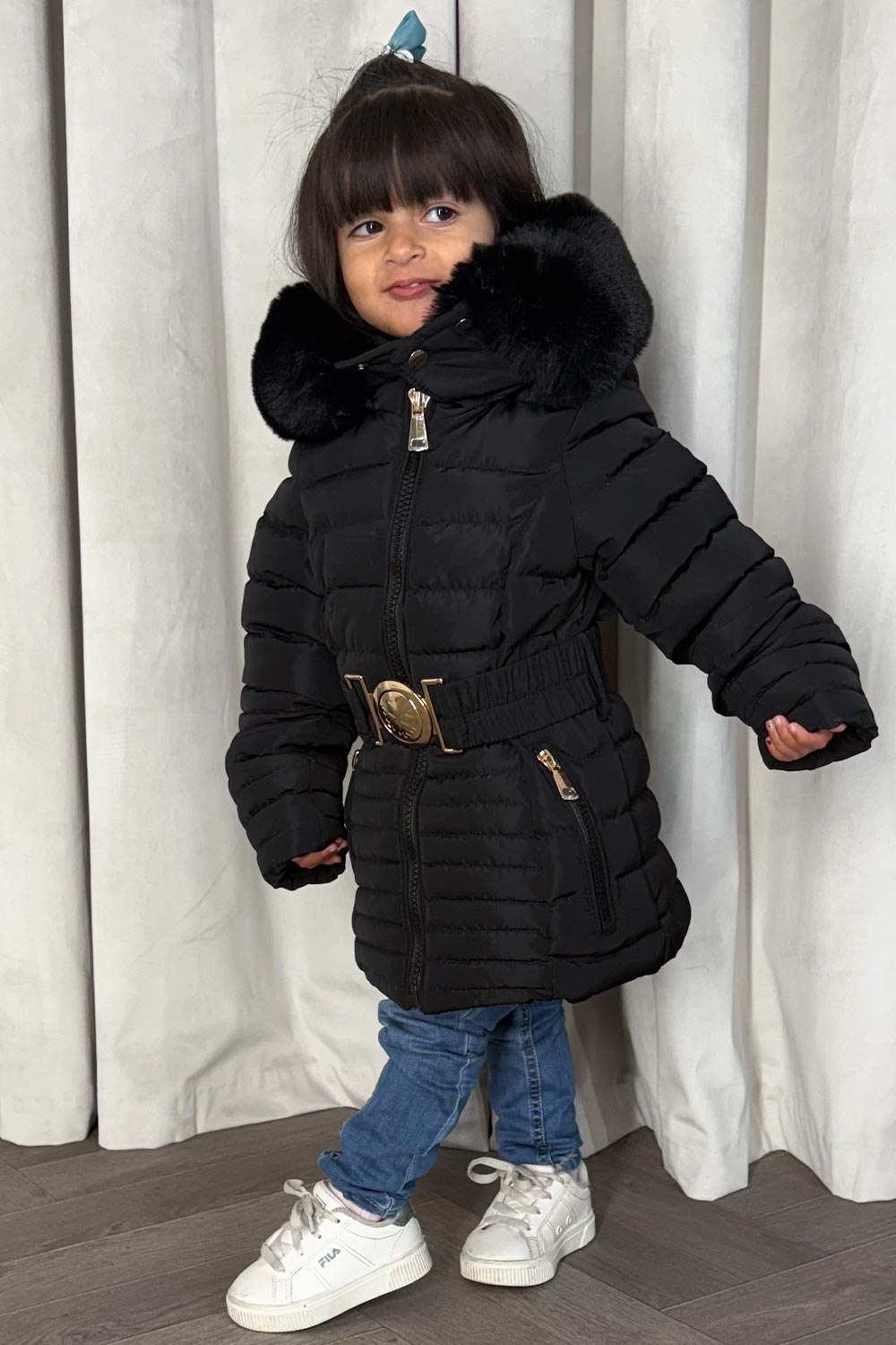 Girls Black Puffer Jacket With Faux Fur Hood And Gold Belt