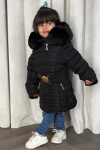 Girls Black Puffer Jacket With Faux Fur Hood And Gold Belt