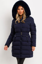 Long Puffer Coat With Fur Hood And Belt Navy