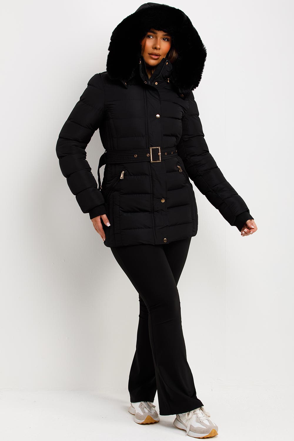 Black Puffer Coat With Faux Fur Hood And Belt
