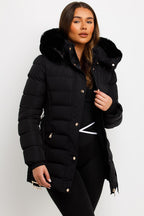 Black Puffer Coat With Faux Fur Hood And Belt
