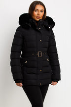 Black Puffer Coat With Faux Fur Hood And Belt