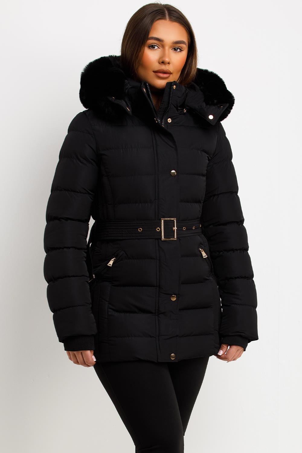 Black Puffer Coat With Faux Fur Hood And Belt