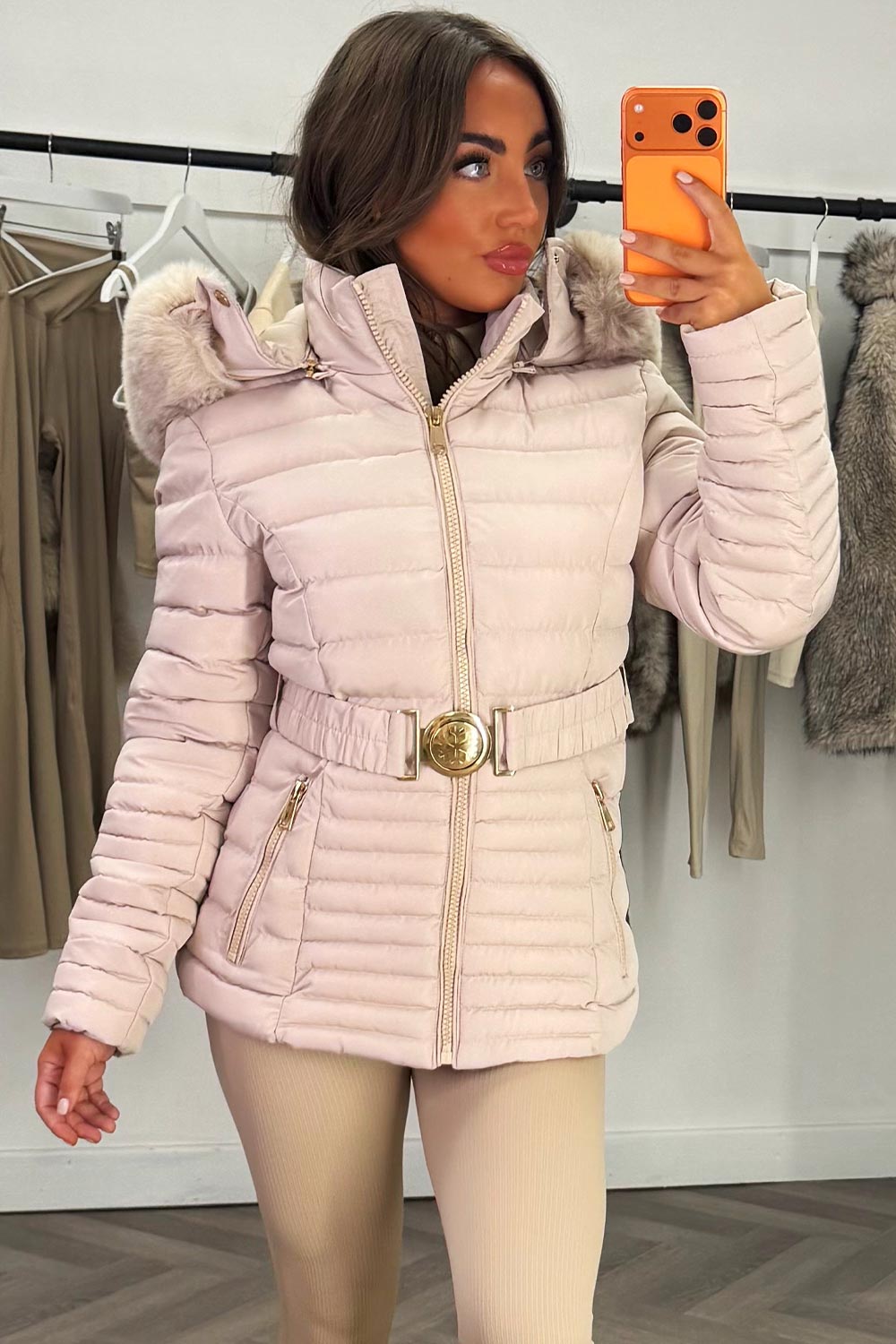 Puffer Jacket With Faux Fur Hood And Gold Belt Beige