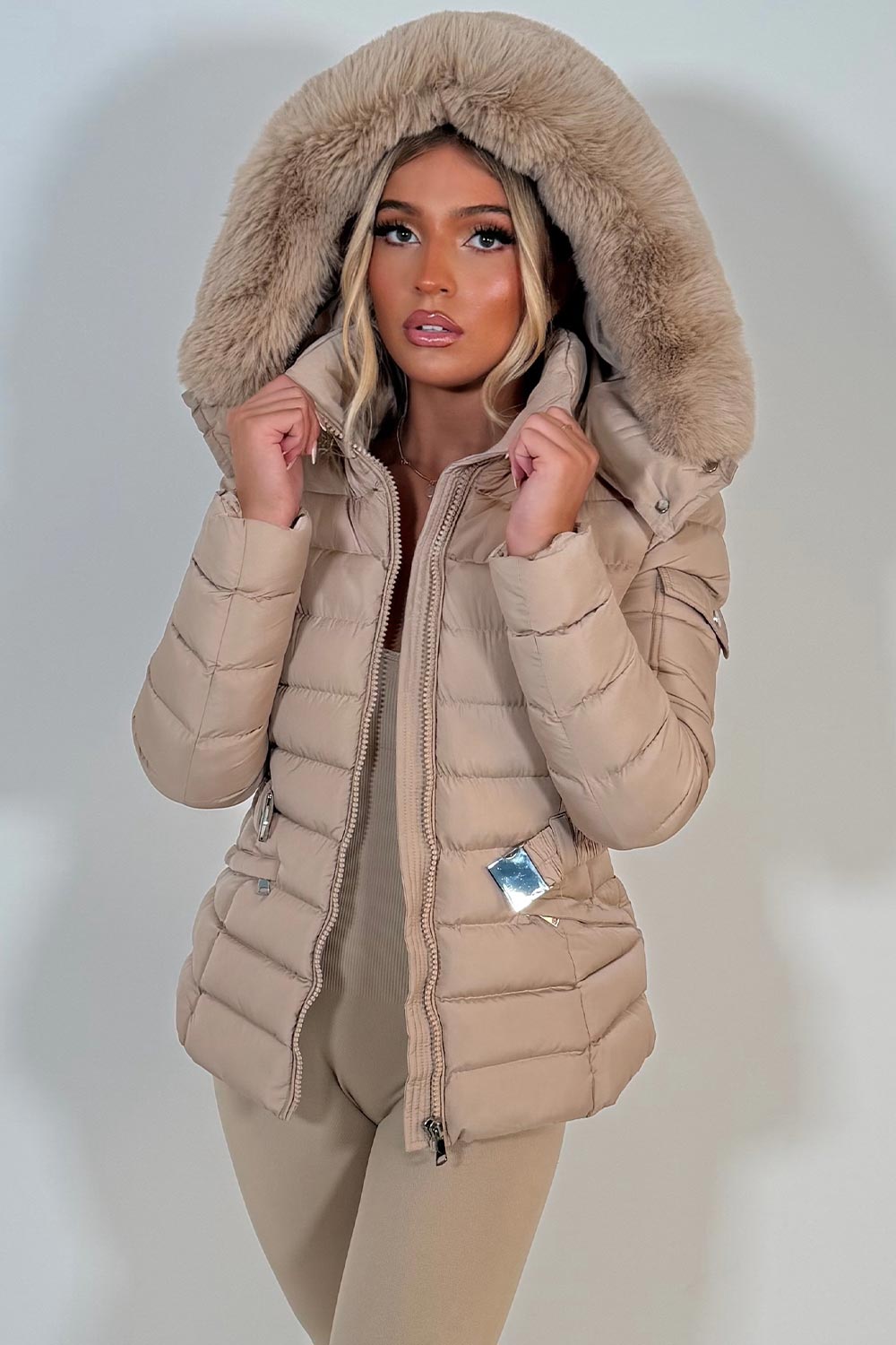 Puffer Padded Winter Jacket With Faux Fur Hood Beige