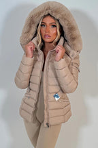 Puffer Padded Winter Jacket With Faux Fur Hood Beige