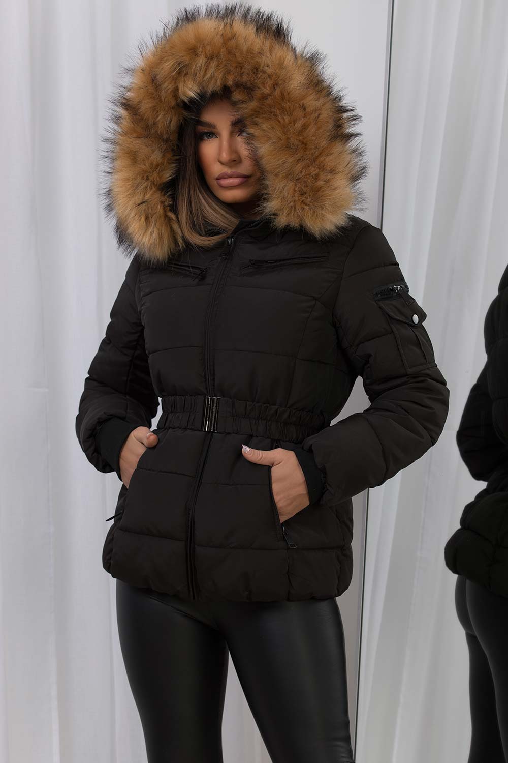 Faux Fur Hood Puffer Jacket With Belt Black