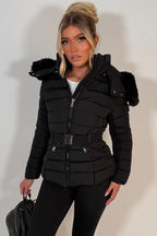 Black Puffer Padded Winter Jacket With Faux Fur Hood