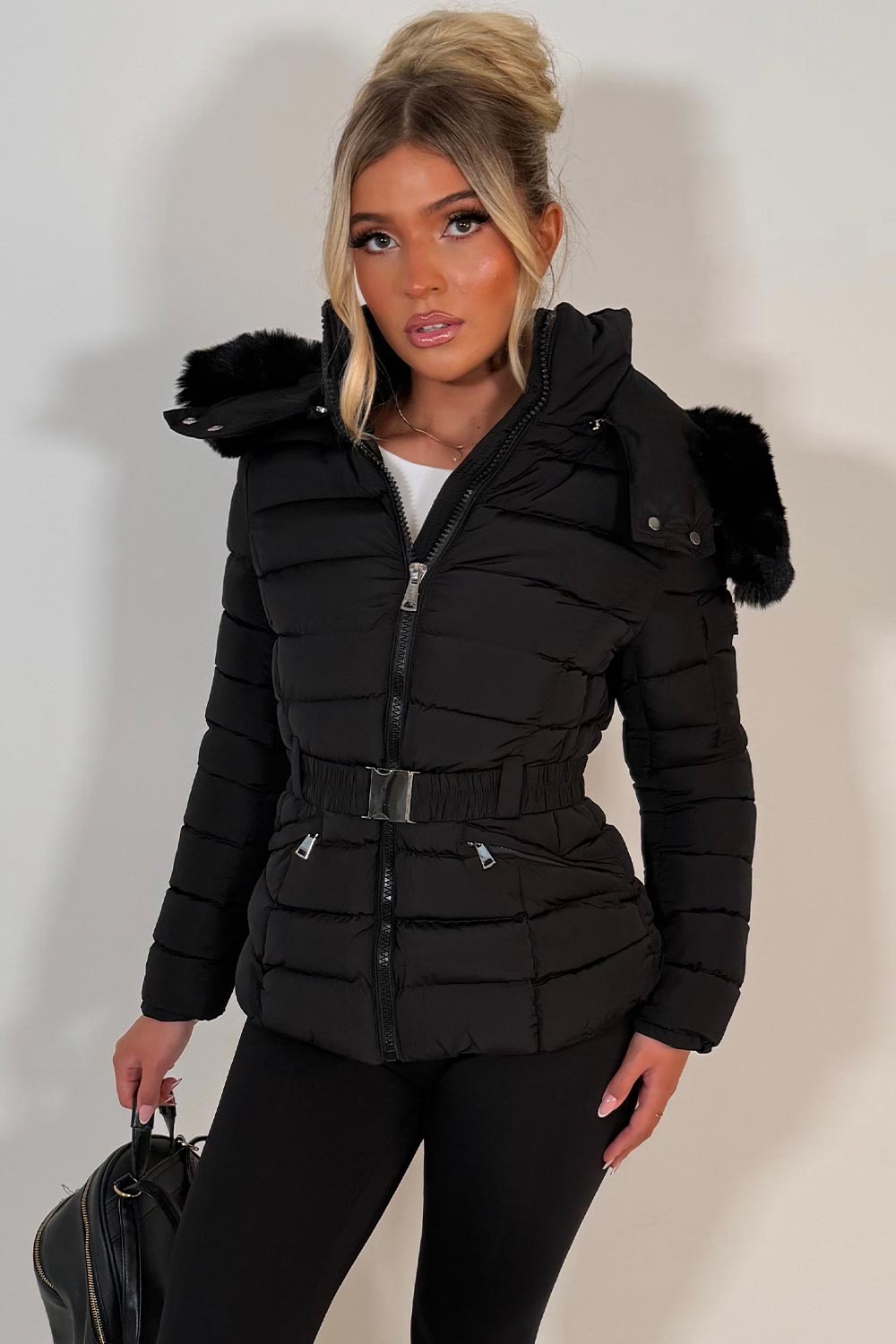 Black Puffer Padded Winter Jacket With Faux Fur Hood
