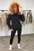 Faux Fur Hood Puffer Jacket With Belt Black