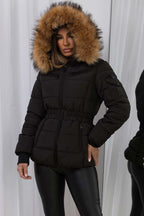 Faux Fur Hood Puffer Jacket With Belt Black