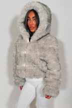 Grey Faux Fur Jacket With Hood