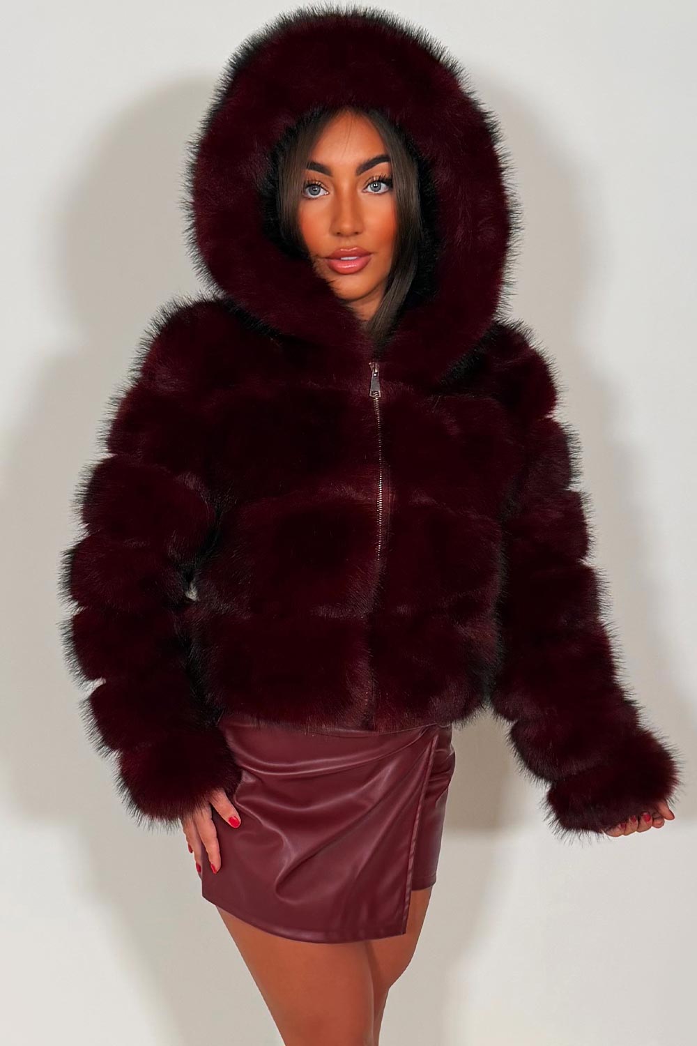 Burgundy Faux Fur Jacket With Hood