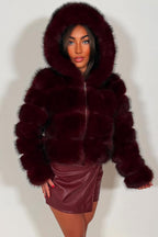 Burgundy Faux Fur Jacket With Hood