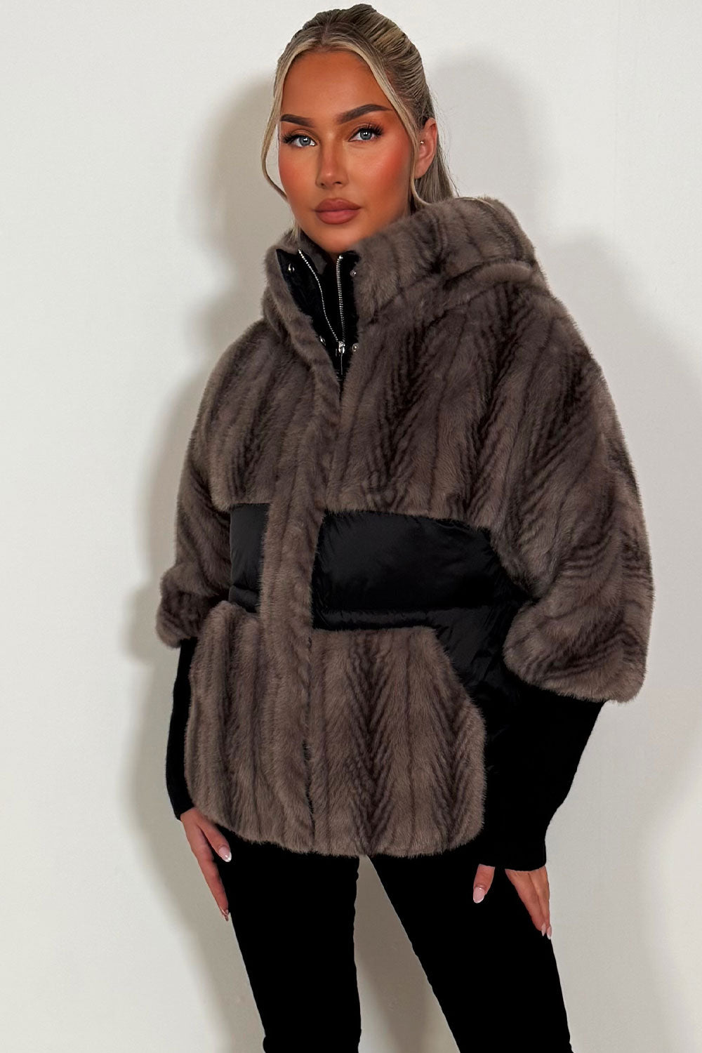 Faux Fur Jacket With Hood Taupe