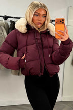 Puffer Jacket With Fur Hood Burgundy