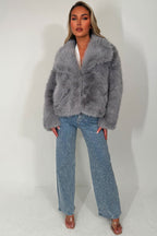 Faux Fur Jacket Collared Grey