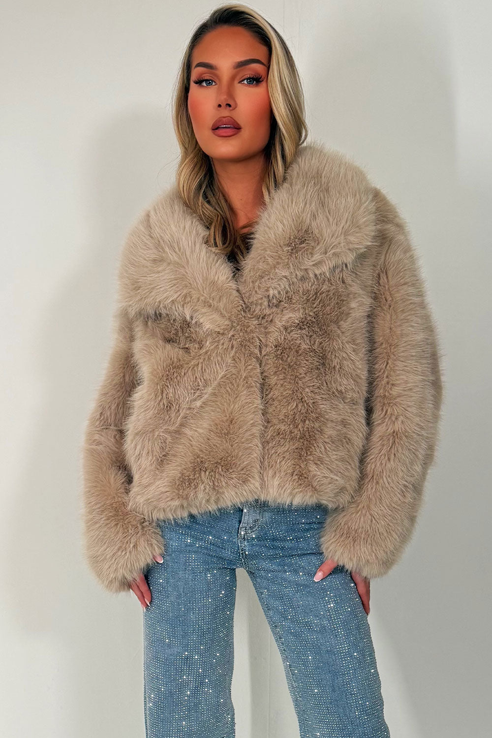 Faux Fur Jacket Collared Beige