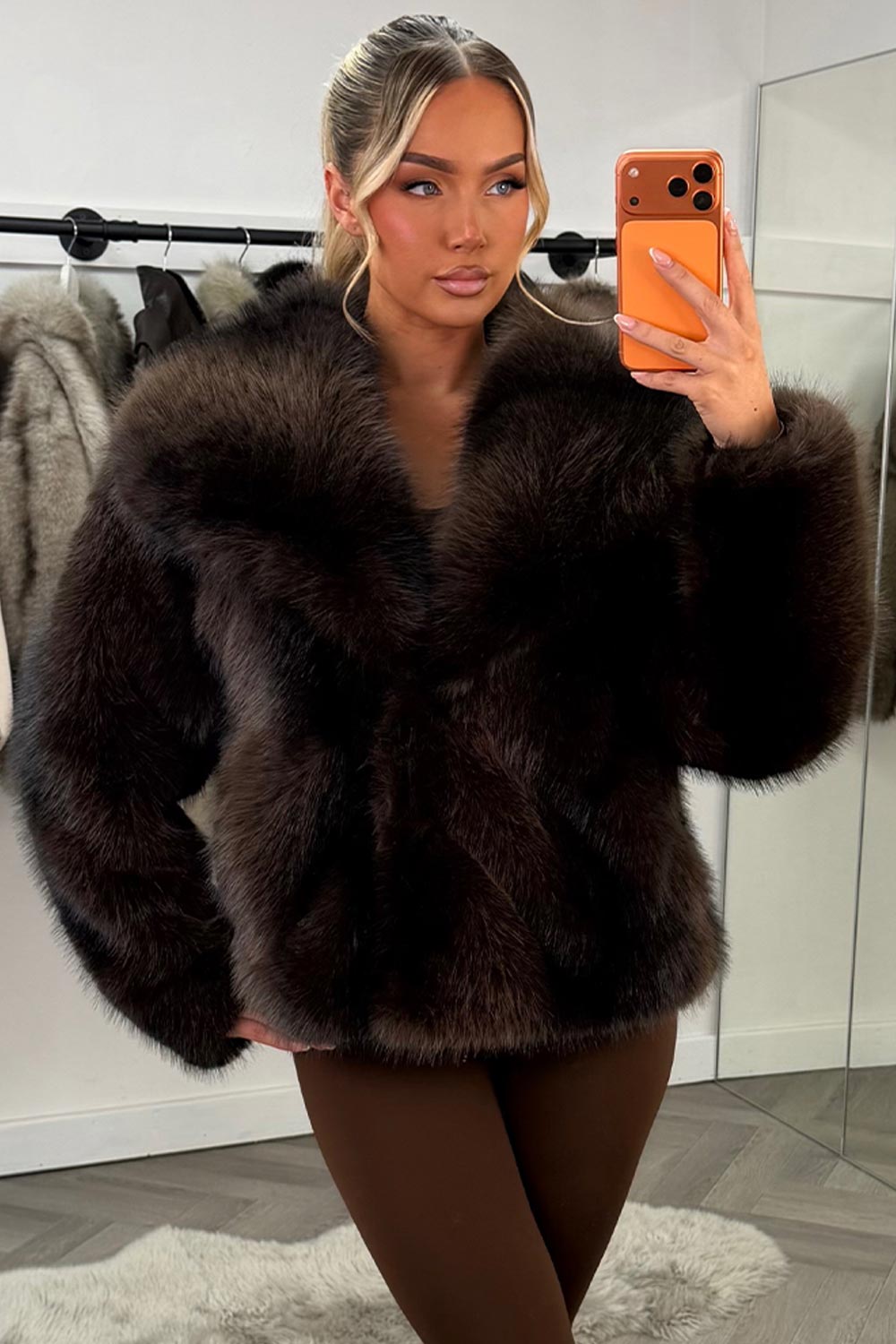 Faux Fur Jacket Collared Brown Colourway