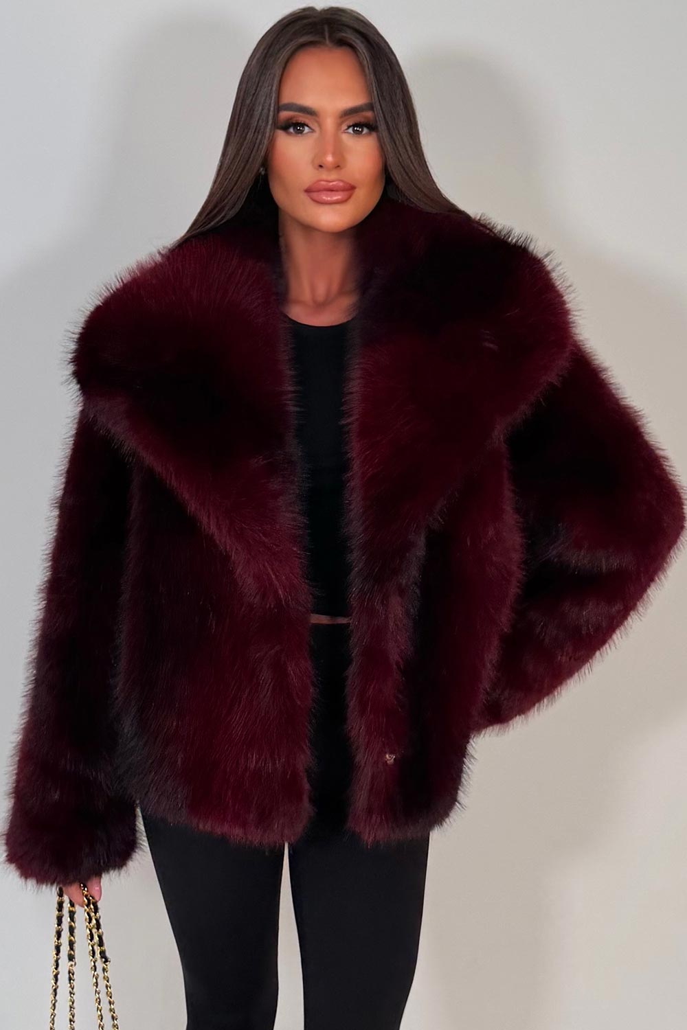 Faux Fur Jacket Collared Burgundy Colourway