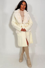 Faux fur Collar Belted Coat With Faux Fur Cuff Off White