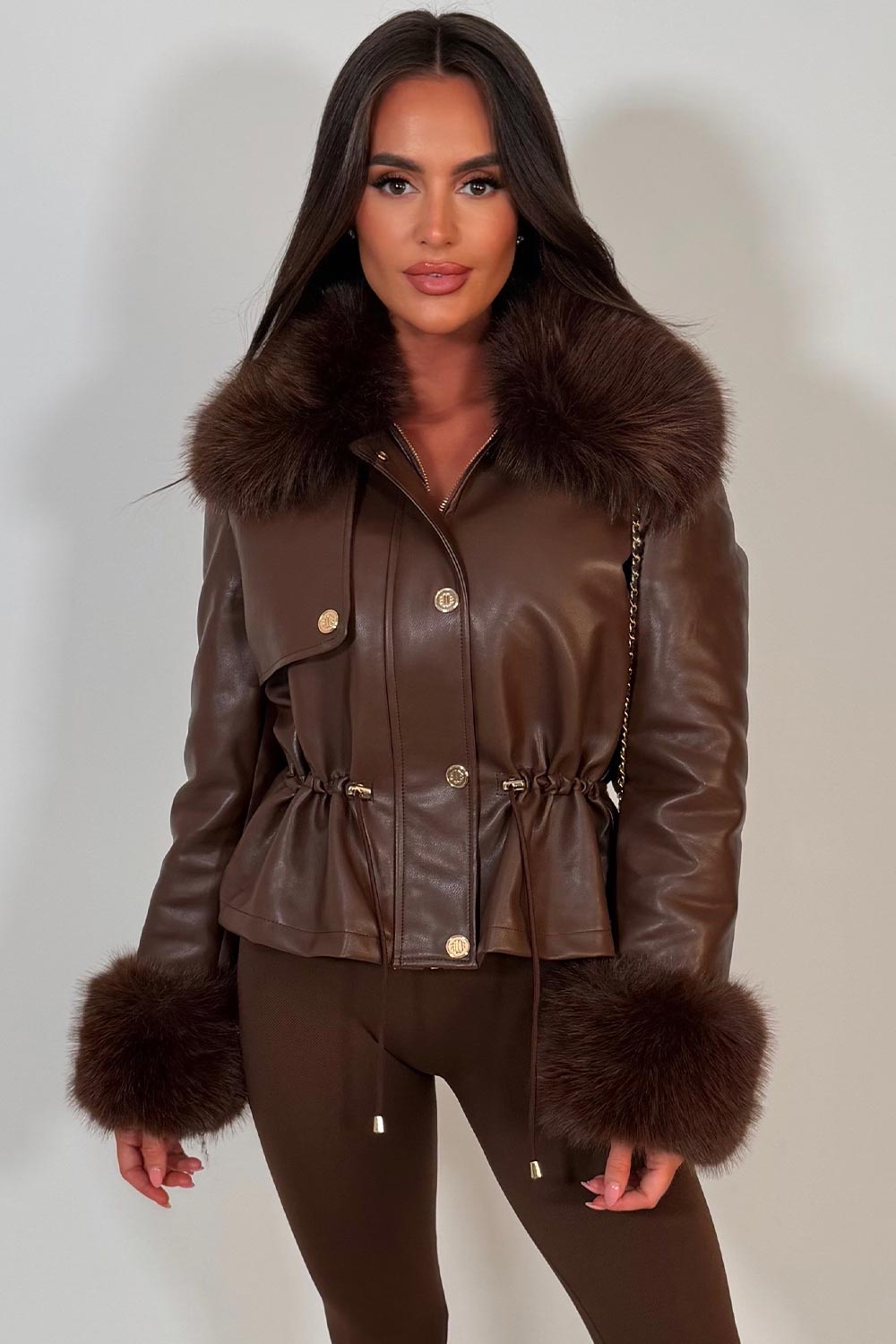 Brown Faux Leather Jacket With Faux Fur Collar Cuff & Adjustable Waist